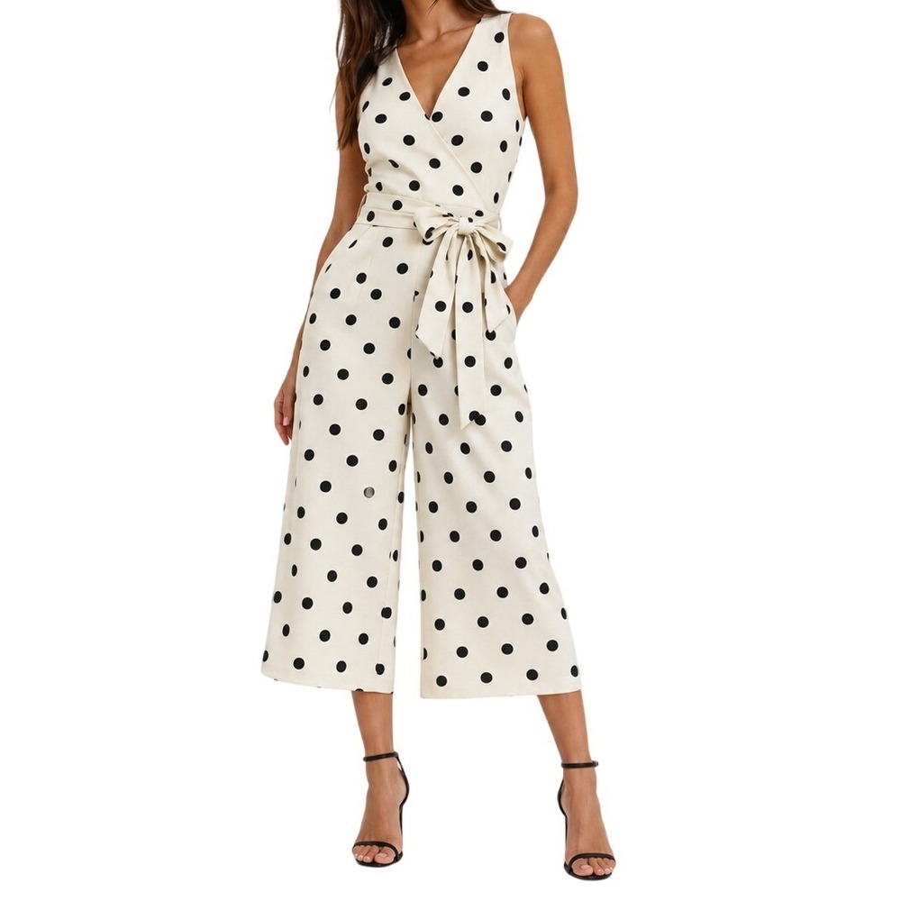 Karl Lagerfeld White‎ Black Polka Dot Wide Leg Jumpsuit Women's 4